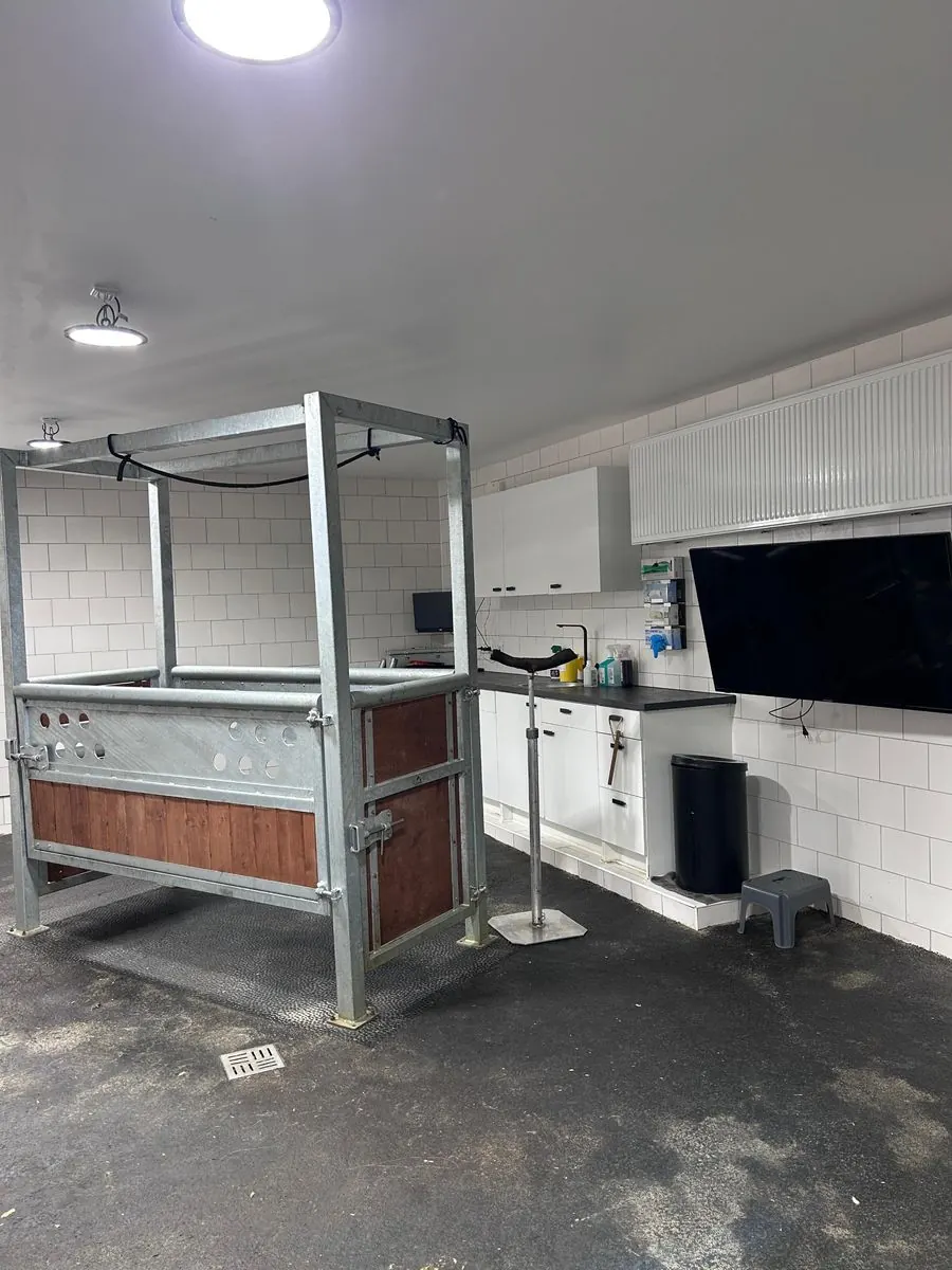 Behandlungsraum mit Untersuchungsstand, Monitor und Waschbecken